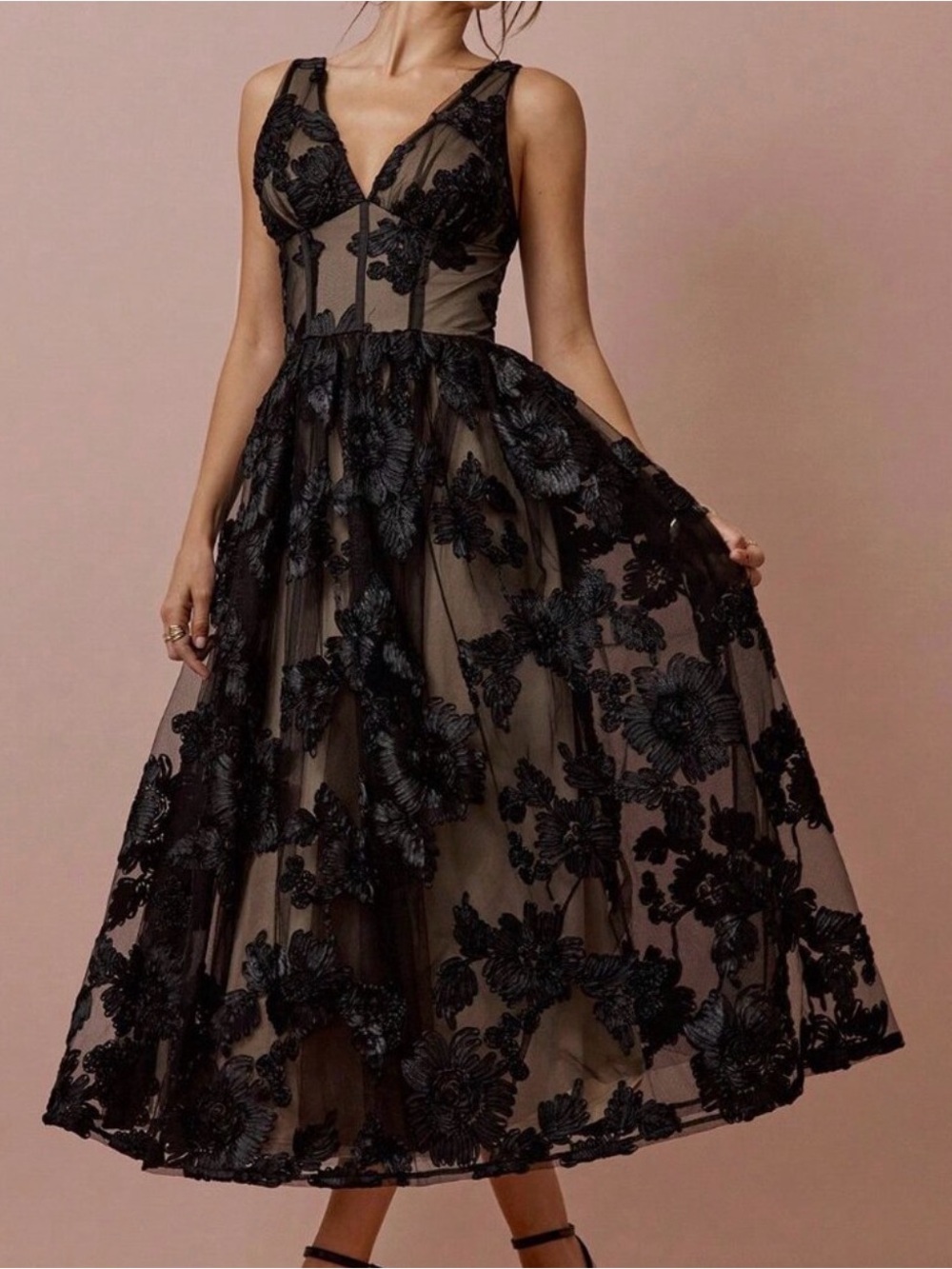 Black Elegant Women's Romantic Floral Mesh V-Neck Princess Dress